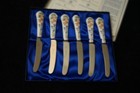 Vtg. Aynsley England Porcelain Handle Dessert Knife Set 6 w/ Box Floral Bird — photo 2