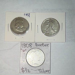 1908 Barber Half, 1920 Walking half, and 1951 Franklin Half lot silver coins