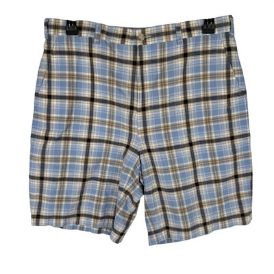Bobby Jones Plaid Golf Shorts Mens Size 36 100% Cotton Flat Front  Blue Brown 9''