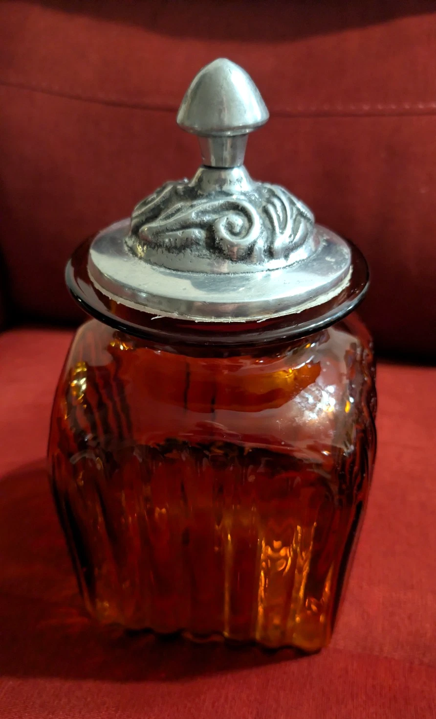 Hand crafted By Traditions Amber Ribbed Glass Apothecary Jar 8'' Metal Lid