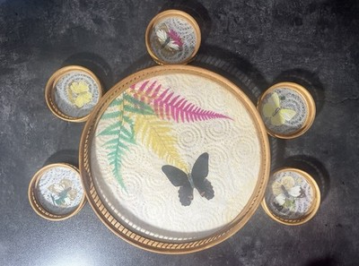 Vintage Retro Pressed Butterfly Bamboo Coasters W/ Serving Tray