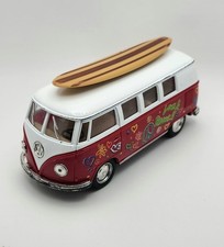 Kinsmart 1962 Volkswagen Classical Red Bus w/ Surfboard 1/32 Scale Love Peace