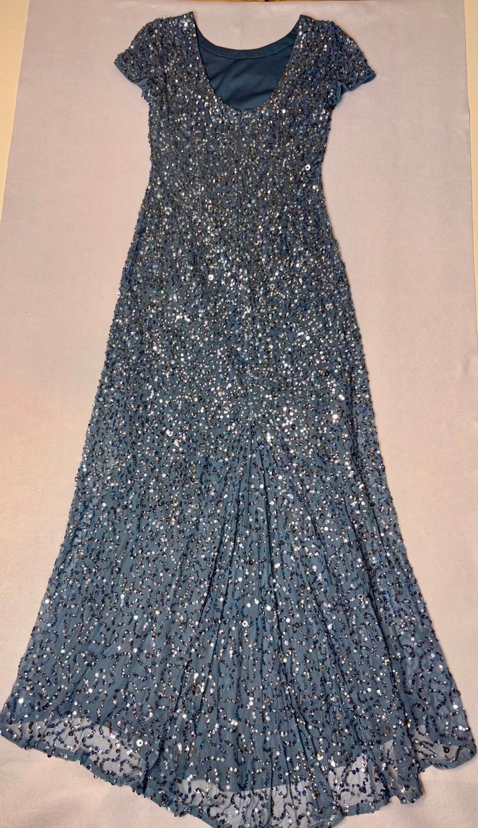 Maxi Vestido de Noche Formal Adrianna Papell Azul Lentejuelas Cuentas Manga Gorra Talla 8