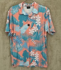 Bad Birdie Polo Shirt Mens Large Peach Blue Hawaiian Floral Golf Performance