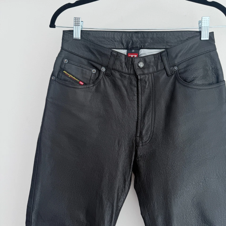 Vintage Diesel Leather Pants Womens 26 Black Y2K Flare Bootcut Low Rise Biker - Image 2 of 4