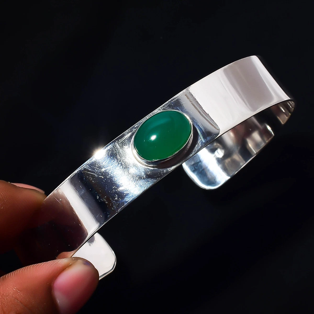 Green Onyx Gemstone 925 Sterling Silver Handmade Bangle Jewelry Gift For Wife