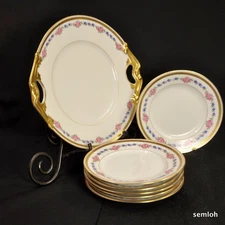Limoges Bernardaud B&Co Cake Plate w/6 Dessert Plates Pink Rose Gold 1914-1930's