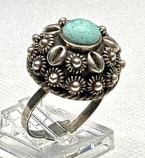 R02 Antique 8mm Round TURQUOISE Silver Ring Sizable Vintage Mexico Navajo 5 gr.