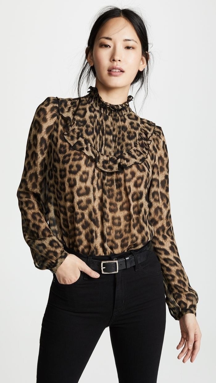 $299 BA&SH "Frida" long sleeve pleated ruffle blouse top - leopard print - XS  4