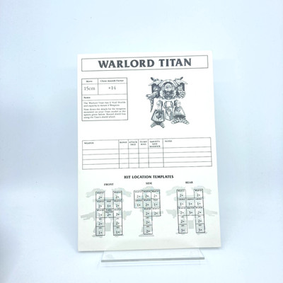 Epic 40k Warlord Titan Play Sheet Reference Card - Epic Warhammer 40k GW R73