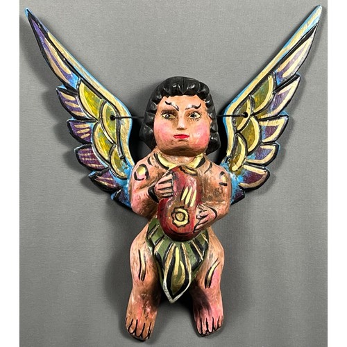 Vintage Mexican Guerrero Folk Art Wood Angel Cherub Hand Carved Painted Large