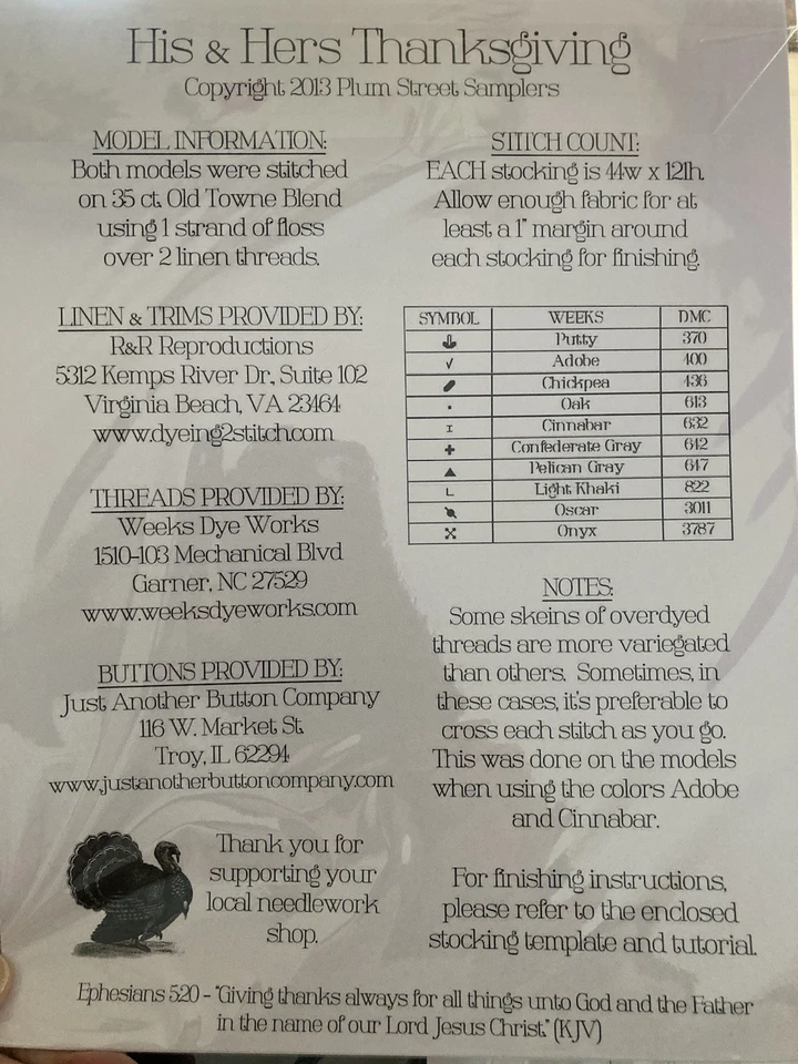 His and Hers Thanksgiving Stockings Plum Street Samplers cross stitch chart NEW! - Image 3 of 3