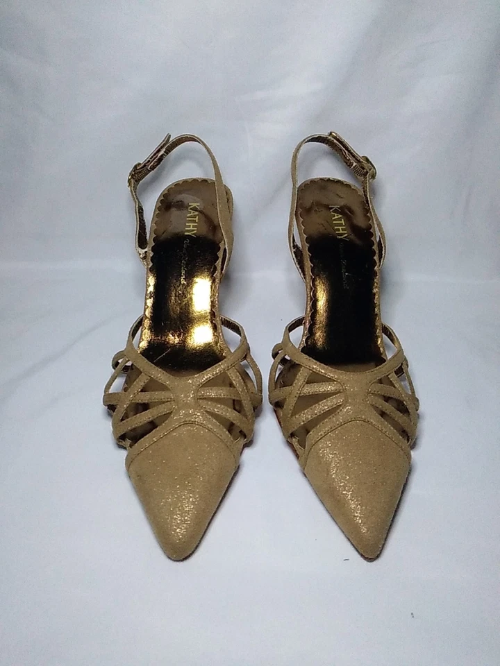 Tacones Kathy Van Zeeland de gamuza tostados de cuero dorado con escamas punta talla 9 para mujer  Foto 3 de 4