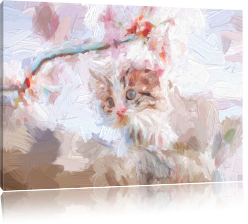 Süßes Kätzchen im Kirschbaum Kunst Pinsel Effekt Leinwandbild Wanddeko Kunstdruc - Bild 1 von 5