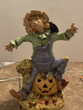 Byron Molds 1977 Ceramic Scarecrow Lighted Figurine Sitting on Jack O Lantern