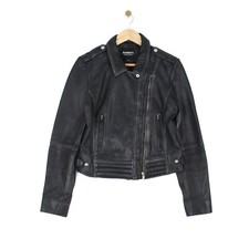 Barneys Biker Jacket Black Asymmetric Zip Up Leather Motorcycle Womens Size 14