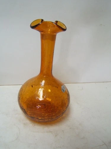 Vintage Blenko Decanter Ruffled Top Crackle Glass in Amber no Stopper w/ Label
