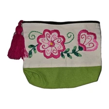 Handmade Embroidered Cosmetic Bag zipper Flower Multicolor 7x8  Pencil Pouch 