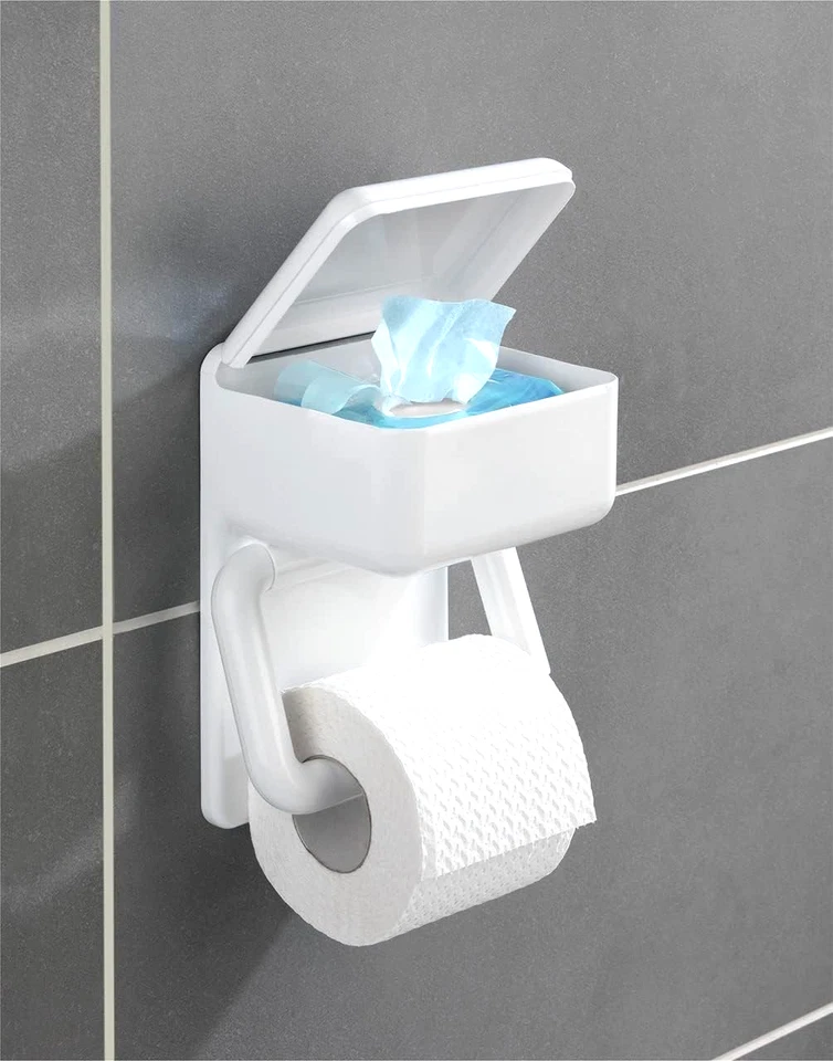 Porte papier toilette mural Wenko wc 2en1 dérouleur boite rangement blanc - Photo 1/4