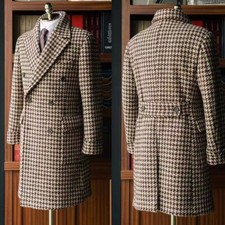 Vintage Houndstooth Check Men's Long Overcoats Double Breasted Business Outwear