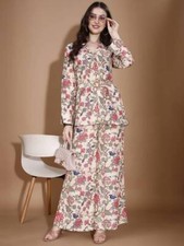Indian Women cream Cotton Floral Printed shirt with Pallazo beautiful co-ord set