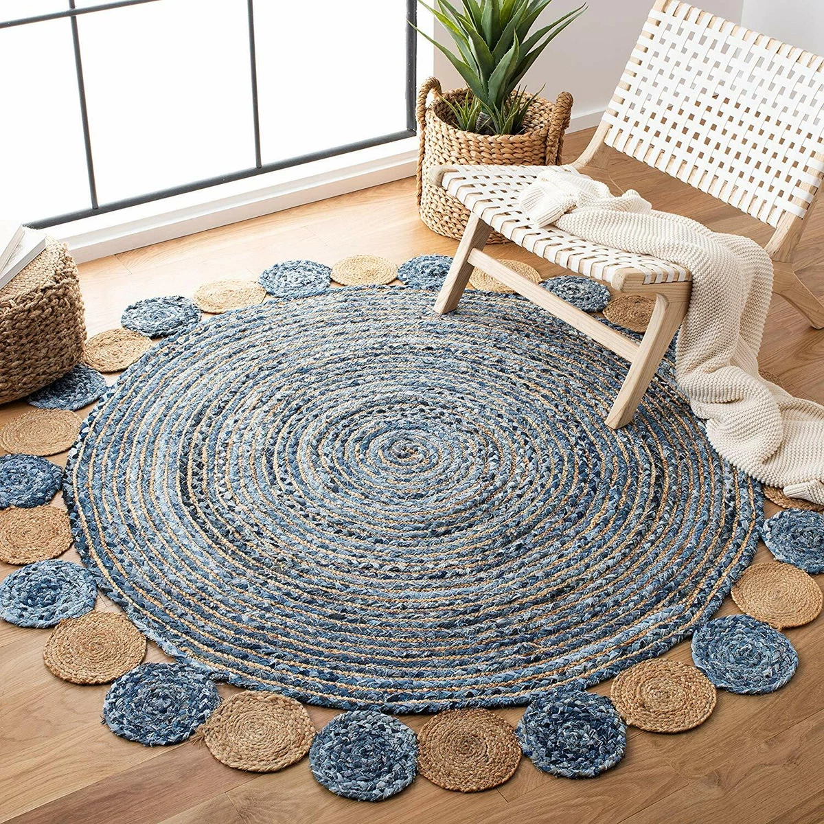 100% Jute Cotton Indian Handmade Rug Braided Rug Round Rug Reversible Area  Rugs