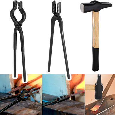 Knife Making Tongs Hammer Set Blacksmith Bladesmith Wolf Jaw V-Bit Tong Kit 3pcs