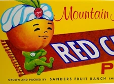 Red Carpet Peaches Genie Magic Flying Rug Anthropomorphic Fruit Crate Label '60s