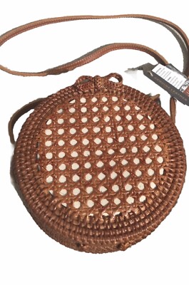 RATTAN HAND WOVEN Round Cane Leather Crossbody Tropical PALM BEACH CHIC  NEW
