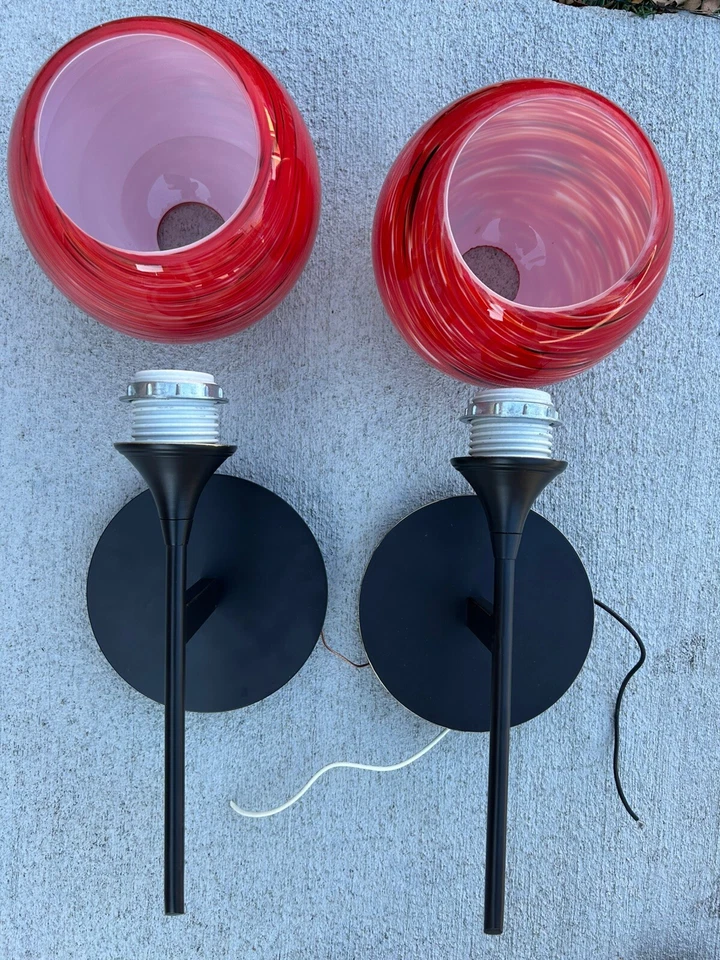 Lot Of 2 Pieces Quorum 14" Wall Mount Black - 5865-95 With Red Glass Globes - Image 4 of 4
