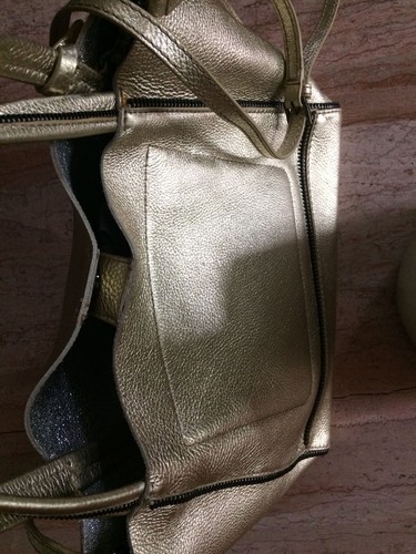 NEW BOTIKER SOHO GRAIN PEBBLED GOLD PLATINUM METALLIC LEATHER Tote shoulder BAG - Picture 4 of 8