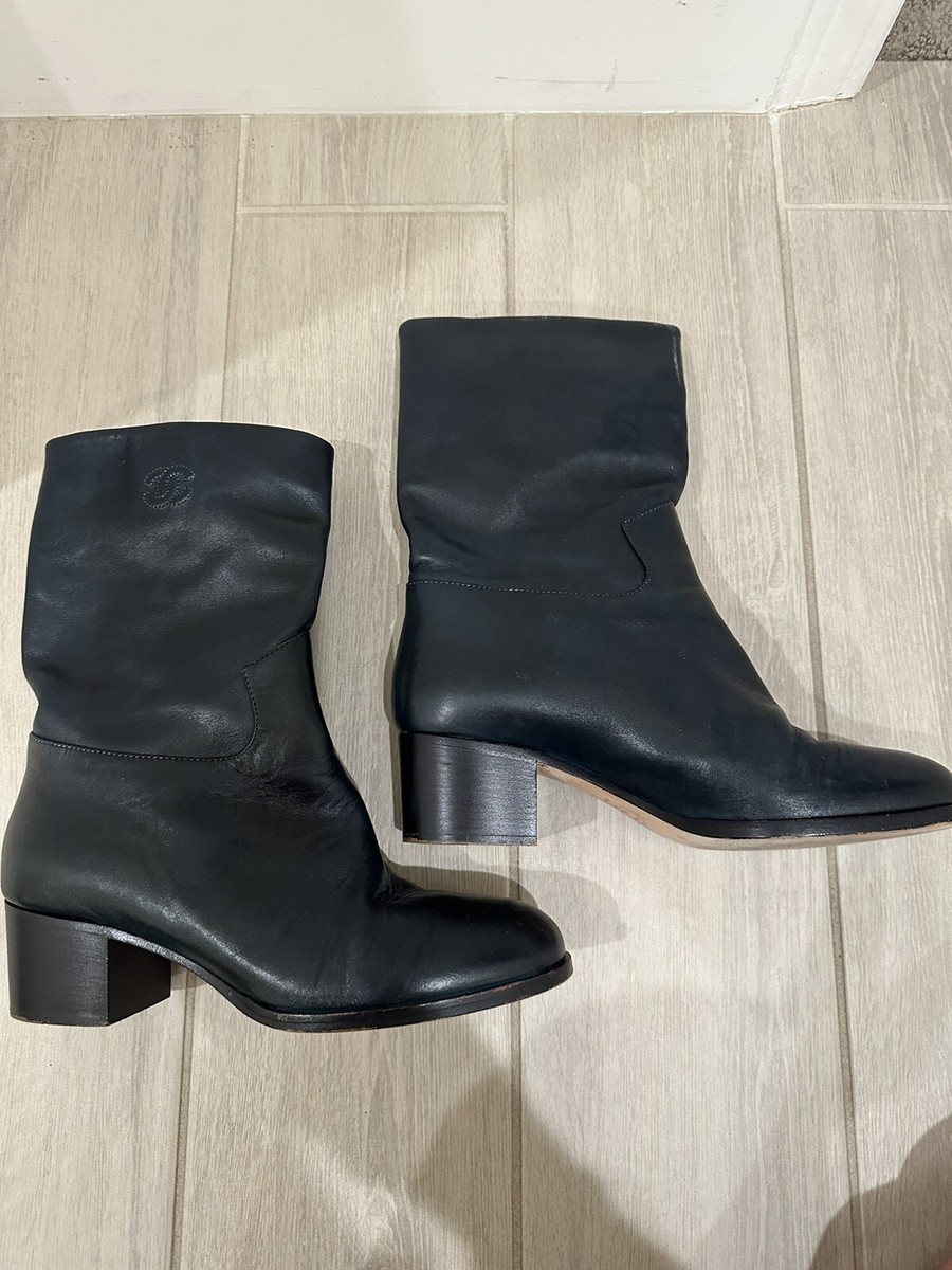 CHANEL CC LEATHER SHORT ANKLE BOOT SHOE NAVY BLUE RARE SIZE 38
