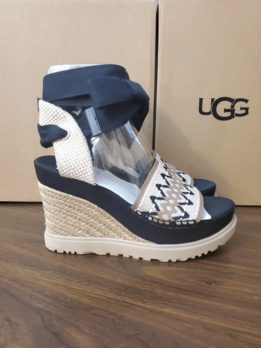 Sandali Ugg donna Abbot cravatta espadrilla plateau zeppa taglia US 8 neri