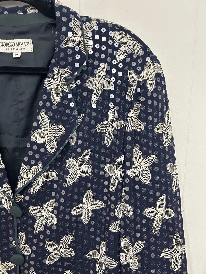Chaqueta Blazer DE COLECCIÓN Damas 10 GIORGIO ARMANI Italia Azul y Marfil Lentejuelas Florales Foto 3 de 4