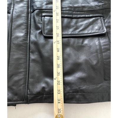 VTG Perry Ellis 90s Black Oversized Heavy Leather Snap Buttons Zip 