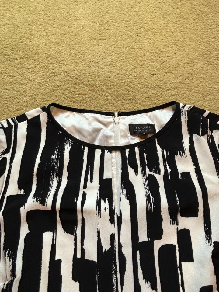 Vestido Tahari Negro Blanco Vaina Estampado Manga Campana 3/4 Hasta la Rodilla 6 Foto 4 de 4