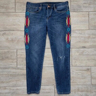 Chip & Pepper Sid Skinny Ankle Jeans Women's Embroidered Aztec Pattern Native 30