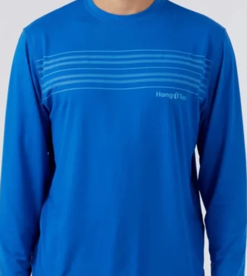 Hang Ten Men's Quick Dry 50+ UPF Long Sleeved Blue Stripes T-Shirt , Blue, XL