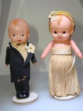 ANTIQUE 1920-30'S ERA JAPAN CELLULOID BRIDE  GROOM CAKE TOPPER DOLLS 