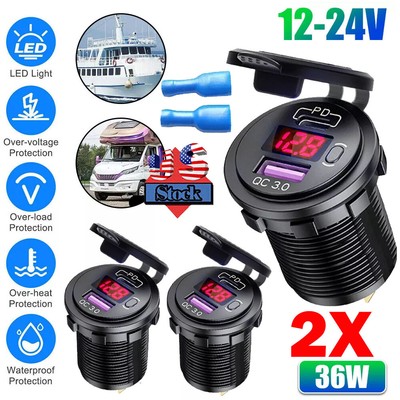 2PC Red 12V QC3.0 Dual USB Car Fast Charger Sockets LED Voltmeter Waterproof US