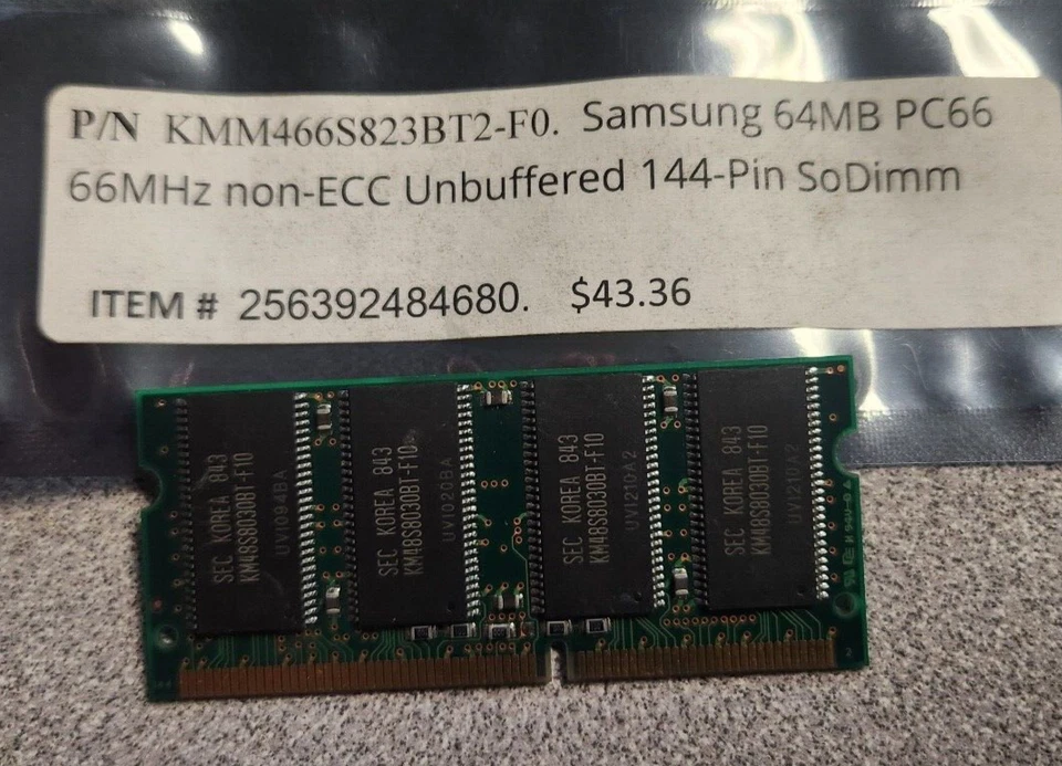 P/N KMM466S823BT2-F0. Samsung 64MB PC66 66MHz non-ECC Unbuffered 144-Pin SoDim - Image 3 of 3