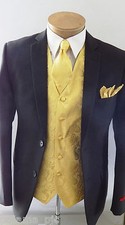 GOLD XS to 6XL Paisley Dress Vest Waistcoat  Neck tie And Pocket Square Wedding