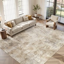 9x12 Soft Area Rug Living Room: Washable Abstract Rug Light Brown , Slip Resis