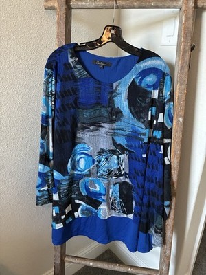 Calessa Women s Top Watercolor Mesh Overlay Flutter Bell Sleeve Artsy 2X Blue Bl