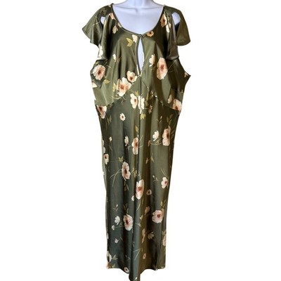 Old Navy The Occasion Floral Satin Maxi Dress Olive Green 3X New With Tags FLAW