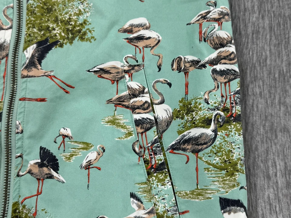 Chaqueta escocesa Maison para mujer mediana verde estampado de pájaros cremallera bombardero flamenco tropical Foto 3 de 4