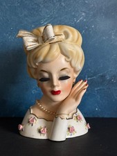 VINTAGE LADY HEAD VASE NM BLONDE APPLIED ROSES HAND TO CHEEK 6 *PLEASE READ*