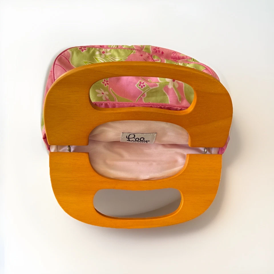 Bolso Bermuda Lilly Pulitzer Vintage con Elefantes Rosados, Mango de Madera, Reversible Foto 3 de 4