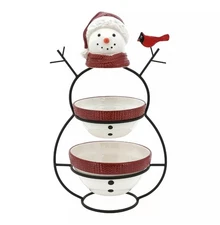 St. Nicholas Square Snowman 2 Tier Server Bowls Christmas Holiday Decor Yuletide