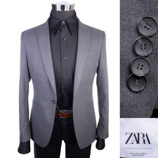 Zara Bazer Mens Sz 36 Solid Gray Two Button Sport Coat Jacket Blazer Poly Blend